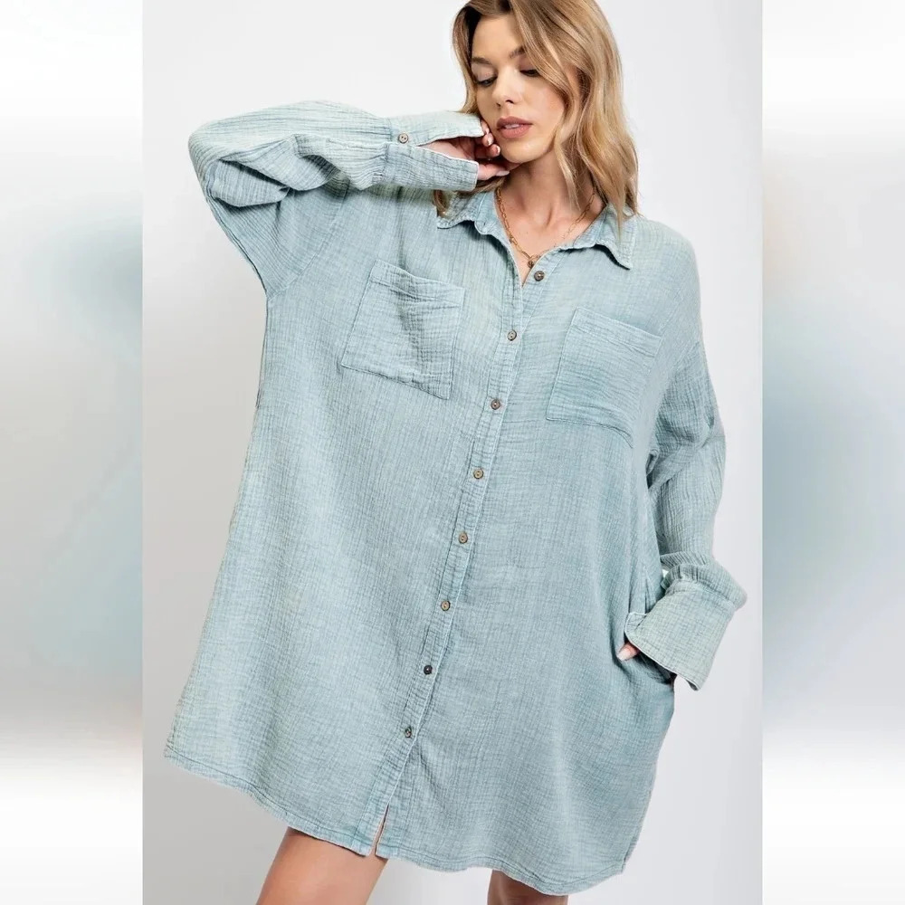 New! Easel Mineral Washed Relaxed Fit Blue Shirt Dress - Picture 2 of 7